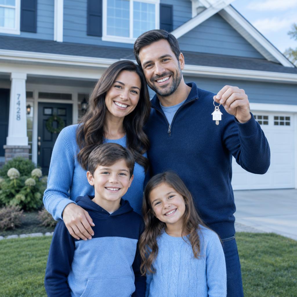 Family holding the keys in front of their home